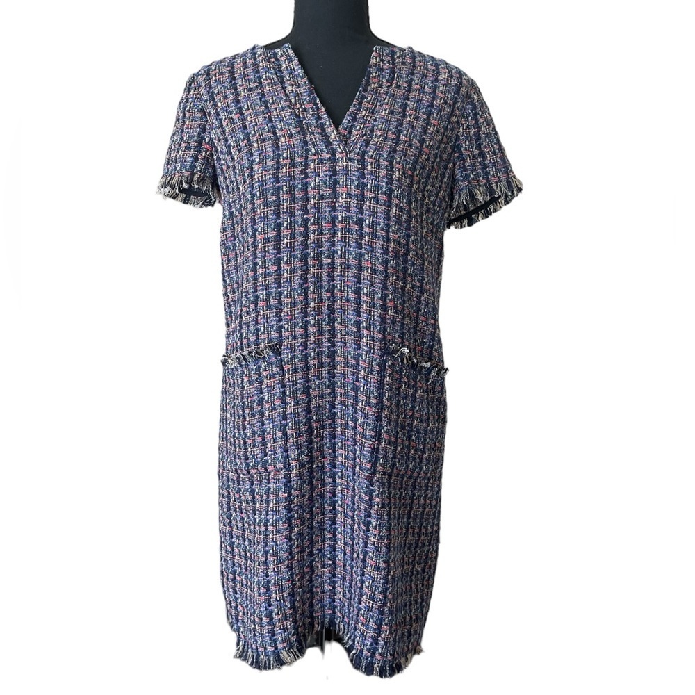 Ann Taylor Blue Red Multi Color Tweed Fringe Shift Dress Size 4 Short Sleeve